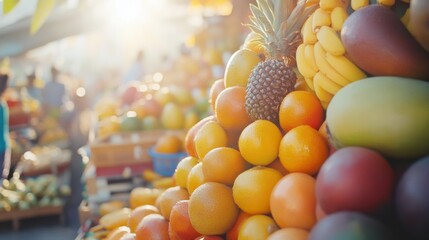 Sunlight spills over vibrant fruits in a lively market, showcasing an abundance of colorful produce and bustling life.