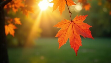 Fototapeta premium Maple leaf's delicate shape basks in sunlight, landscape, tree, branch