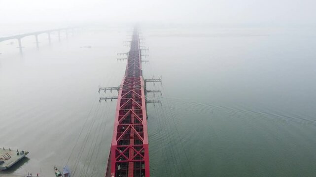 Hardinge Bridge is a Steel Railway Old Bridge over the Padma River in Ishwardi, Pabna, Bangladesh.Hardnge bridge in Foggy Winter morning.
