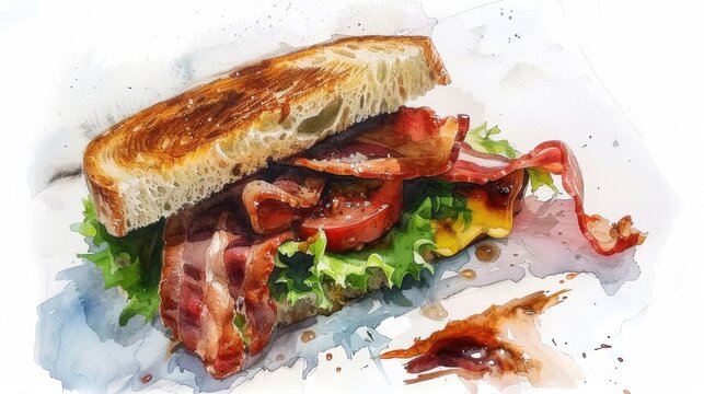 Delicious blt sandwich with bacon, lettuce, and tomato in watercolor art style. National BLT Sandwich Month