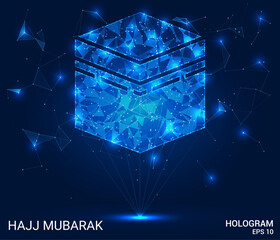 Hajj Mubarak hologram. Hajj Mubarak is made of polygons, triangles, dots, and lines. Hajj Mubarak is a low-poly compound structure. Technology concept vector.