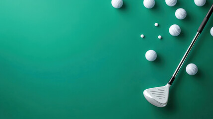 golf club and several golf balls are arranged on green background, creating vibrant and dynamic composition. scene evokes sense of excitement and anticipation for game