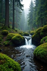 Obraz premium Riverbank moss with short waterfall amidst tall trees, overcast, forest