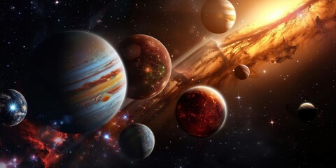 Enigmatic celestial bodies in a cosmic galaxy with vibrant stars and nebulae. Global Astronomy Month