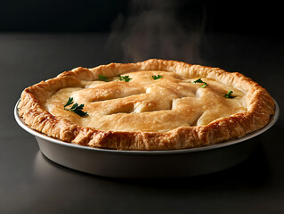 Golden-Brown Chicken Pot Pie: A freshly baked chicken pot pie, steaming hot and golden-brown, sits in a classic pie dish