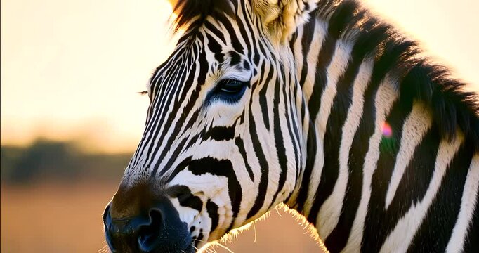 Close up of zebra head in the wild in warm sunlight