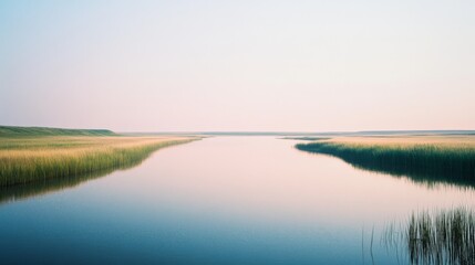 Fototapeta premium A tranquil waterway flows through grassy banks beneath a vast, pastel sky, creating a peaceful and harmonious natural scene.