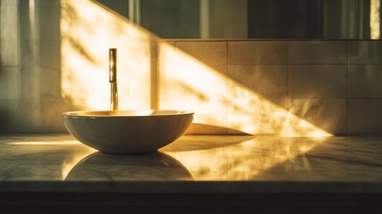 A washroom counter elegantly bathed in soft natural light, highlighting a ceramic basin and sleek silver faucet, evoking tranquility and style.