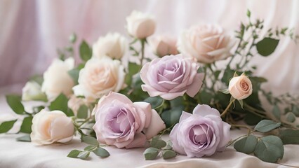 Dreamy Pastel Roses and Lavender on Neutral Cloth for Wedding Invitations