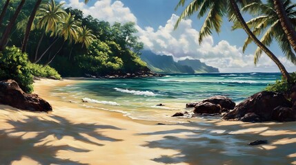 Fototapeta premium Serene tropical beach scene, lush green mountains, clear turquoise waters, soft sand under palm trees, perfect for relaxation.
