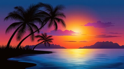 Obraz premium Sunset over tranquil beach with silhouetted palm trees tropical island digital art serene environment wide angle view