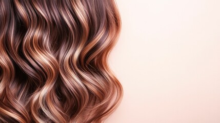 Naklejka premium Luxurious and Voluminous Curly Hairstyle in Chocolate Brown Color with Caramel Balayage Highlights Showcasing a Stunning and Elegant Look in a Studio Setting