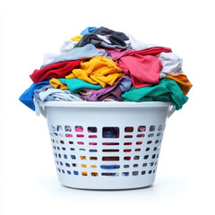 messy overflowing laundry basket filled with colorful clothes creates chaotic yet vibrant scene. pile of garments showcases various colors and textures, reflecting daily life and chores