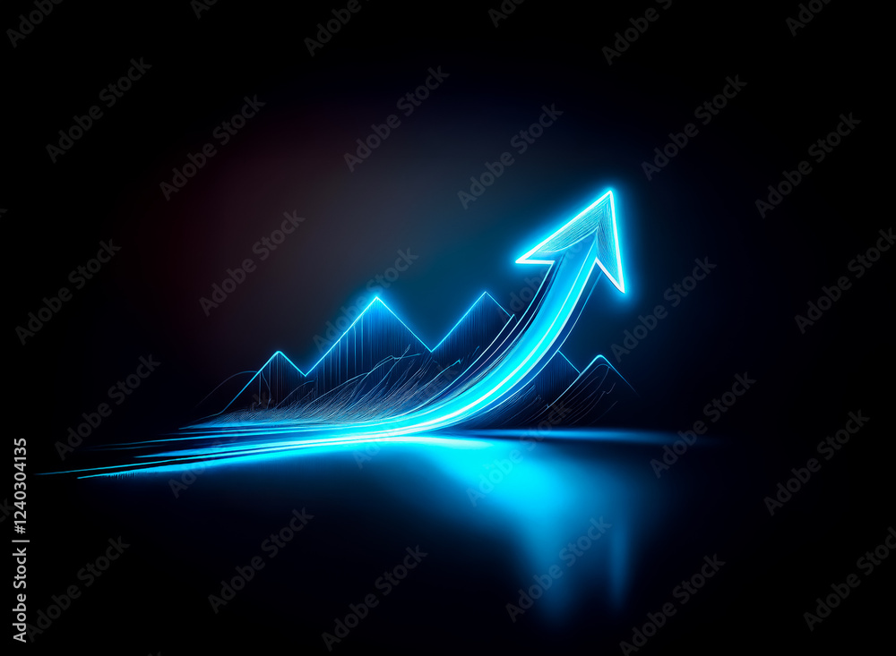 Poster Glowing blue arrow ascends over a data graph, symbolizing growth and progress in a dark, reflective setting.  The image evokes a sense of futuristic technology and positive change.