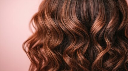 Naklejka premium Luxurious and Voluminous Chocolate Brown Curly Hairstyle with Caramel Balayage Highlights Showcasing Elegant and Feminine Beauty in a Premium Studio Portrait