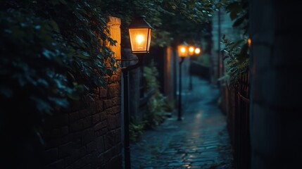 Fototapeta premium An old-fashioned lamplight glows warmly, guiding through a narrow, cobbled path enveloped by lush green foliage at dusk.