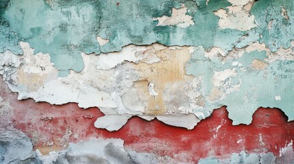 A weathered, peeling wall with layers of green, white, and red paint tells a story of resilience and artistic decay, blending texture with history.