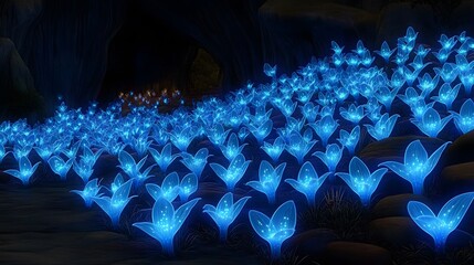 Glowing Blue Flowers in Dark Cave Fantasy Landscape