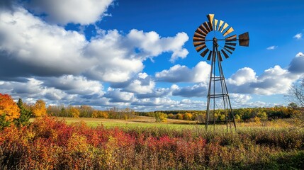 Autumnal Windmill Landscape: A Breathtaking View of a Rustic Windmill Standing Proud Amidst Vibrant Fall Foliage Under a Dramatic Sky