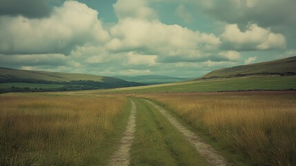 Obraz premium A winding dirt path stretches through golden fields beneath a sky painted with fluffy clouds, inviting adventure and solitude.