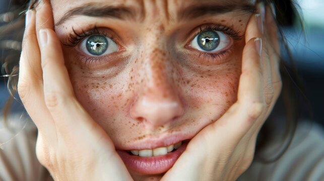 Expressive close-up of woman's face conveying anxiety and emotion in a thoughtful moment. Distracted Driving Awareness Month - Powered by Adobe