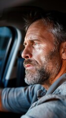 Fototapeta premium Contemplative mature man driving with focus and determination. Distracted Driving Awareness Month