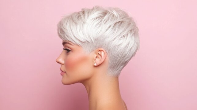 Closeup portrait of a woman with a stylish textured pixie haircut in a striking metallic silver tone featuring extra volume and a dramatic modern look