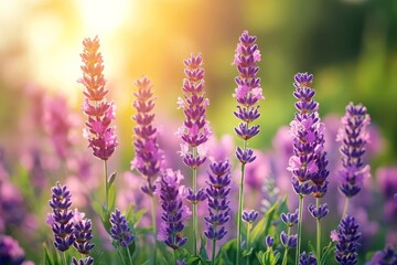 Naklejka premium A close-up of blooming flowers in a garden, showcasing roses and lavender with delicate petals and vibrant colors against a softly blurred green background