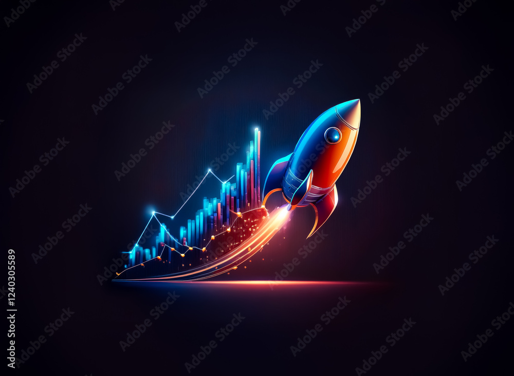 Poster a vibrant rocket, propelled by glowing data points, ascends a dynamic growth chart against a dark ba
