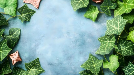 Fototapeta premium Vibrant Green Ivy Leaves Border on Blue Background with Rose Gold Accents