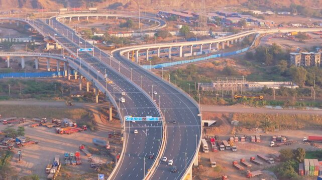 Aerial view highway interchange with multiple lanes