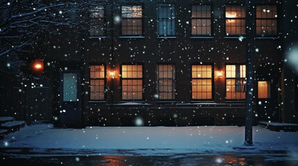 Obraz premium A warmly lit building is seen from the street as snow gently falls, creating a cozy winter evening scene.