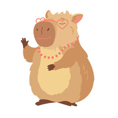 Cartoon pretty capybara in pink heart-shaped glasses. Design element of funny animal, cute biggest rodent. Flat vector children's design illustration for print, greeting card, packaging, fabrics