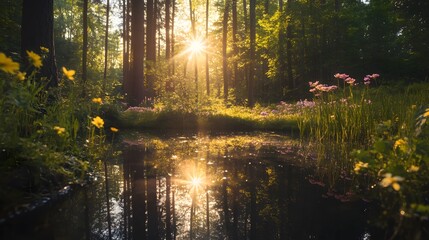 Serene forest scene with sunbeams filtering through trees, tranquil pond reflecting light, perfect for nature themes and relaxation.