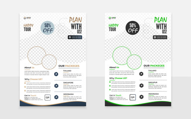 Modern travel a4 flyer tmplete design with elliptical blue and green shape.