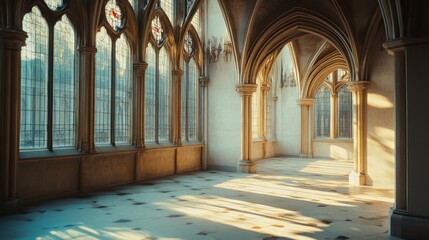 Sunlight streams through the arched windows of a grand hall, illuminating the intricate architecture in warm hues.