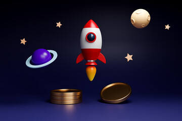 Naklejka premium Red and white space rocket and gold coins, moon, star on night background, Financial startup, education, launch business concept. 3d render 