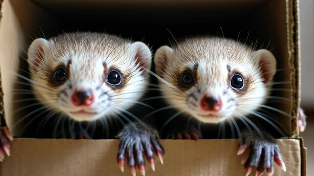 Two adorable ferrets peeking out of a cardboard box, showcasing their playful nature.