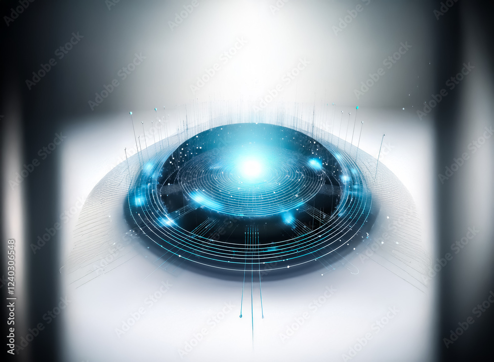Fototapete futuristic glowing orb, a central light source emits beams. circular, technological, abstract design