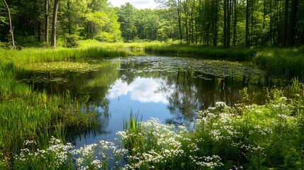 Serene pond surrounded by lush greenery, tranquil waters reflecting sunlight, perfect for relaxation and nature reflection.