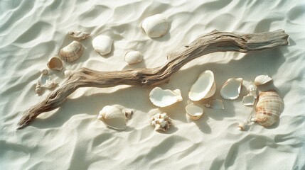 Assorted seashells and driftwood artfully arranged on soft sand, embodying a serene coastal scene.