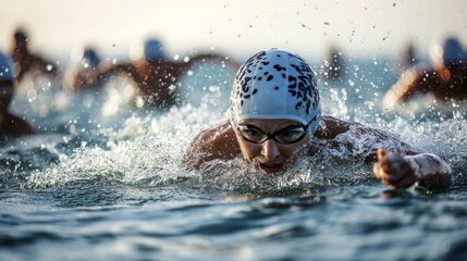 Swimmers fiercely glide through ocean waves in a dynamic race, determination written on each competitor's face.