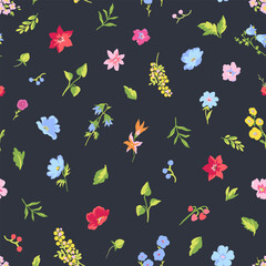 Lovely hand-drawn colorful flowers in a seamless pattern, featuring a cute floral design that is great for textiles, wallpapers, and wrapping. Diverse small flowers in a Liberty pattern.