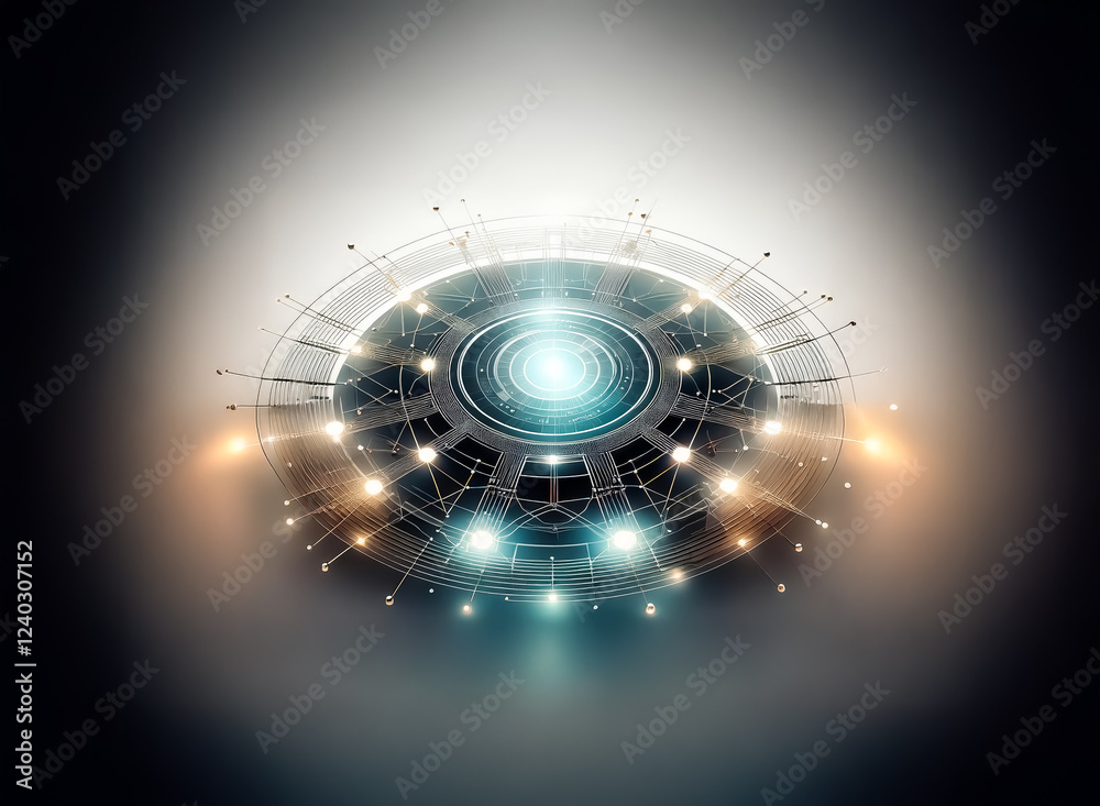 Poster futuristic circular device with glowing lights and intricate network connections. a technological ma