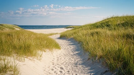 Sandy path meanders through golden dunes, leading to a serene ocean view under a bright, blue sky. Gentle waves whisper in the distance.