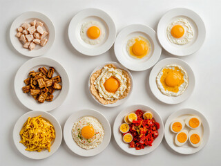 Different ways of cooking eggs on plates with white background