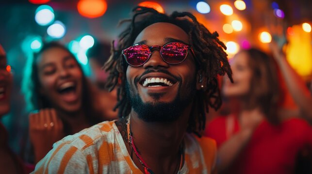 A group of friends enjoying a music festival, dancing and smiling together with colorful festival lights in the background, evoking the joy and camaraderie of live music events.