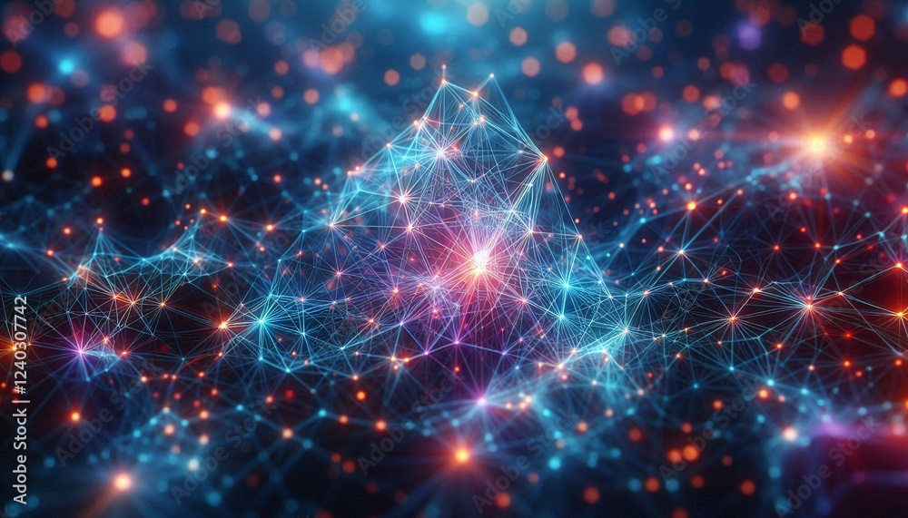 Fototapete Neural lowpoly AI futuristic neon network of abstract connection background