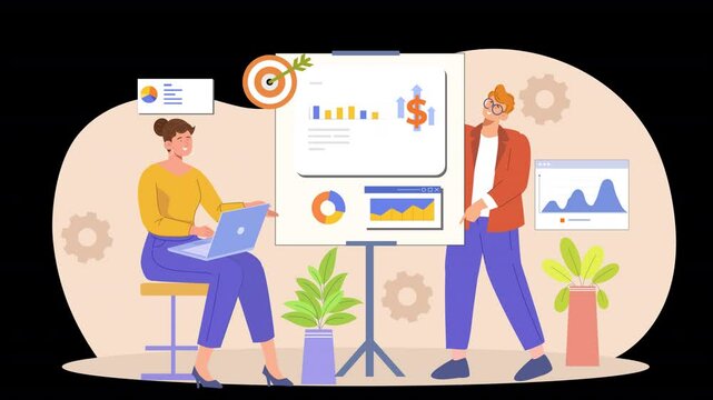 A 2D flat character scene animation illustrating the process of strategic planning, with characters working together to devise plans, set goals, and make key decisions.