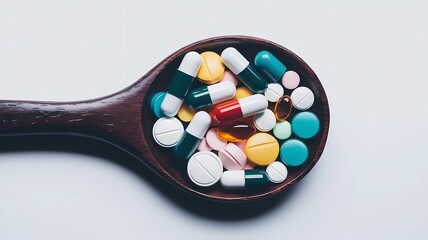 Colorful assortment of pills and capsules in a wooden spoon. Light background color.